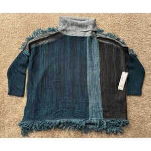 CURIO New York Women’s Green Knit Fringe Turtleneck Boxy Sweater Sz L - NEW